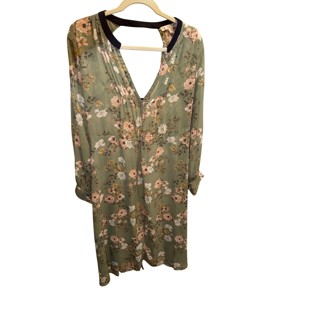 Current Air Sage Green Floral Open Back V-Neck Pleated Midi Dress Small
